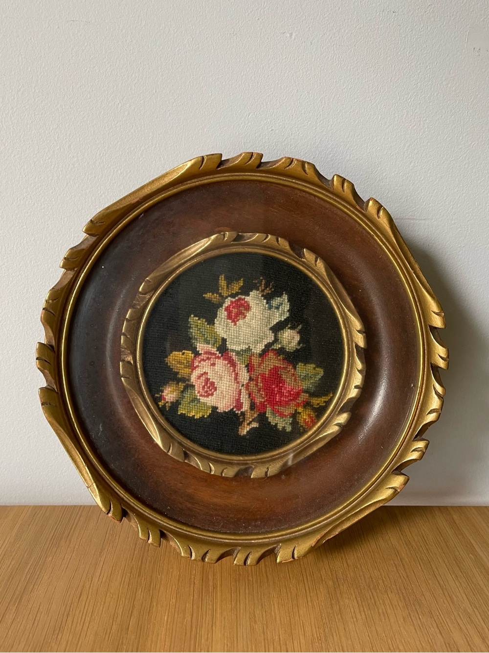 Vintage Antique Rose Petit Point Embroidery Needlework Victorian Gold Wood Frame